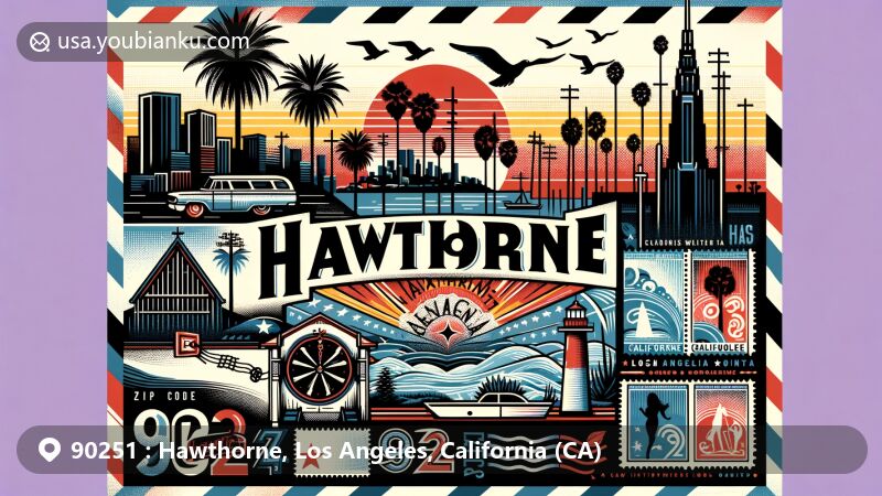 Modern illustration of Hawthorne, Los Angeles, California, featuring ZIP code 90251, California state flag, Beach Boys Historic Landmark, and postal elements.