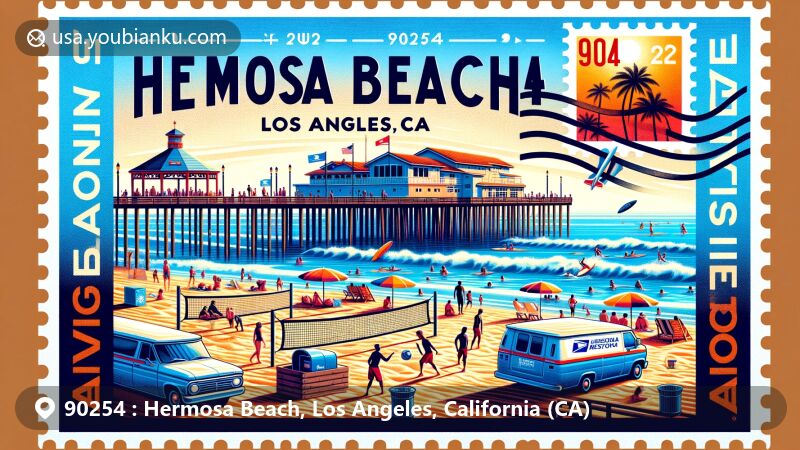 Colorful illustration of Hermosa Beach, Los Angeles, California, showcasing the vibrant beach scene with surfers, volleyball nets, and the iconic Hermosa Beach Pier, under sunny skies. Includes a stylized airmail envelope symbolizing postal communication, with a stamp of the California state flag and a postmark reading 