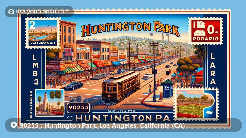 Modern illustration of Huntington Park, Los Angeles County, California, showcasing postal theme with ZIP code 90255, featuring Pacific Boulevard's Latin American culture, Salt Lake Park's recreational facilities, and historical references to Henry E. Huntington's influence.