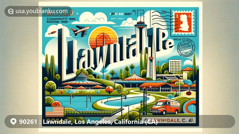Modern illustration of Lawndale, California, showcasing Alondra Community Regional Park, Roadium Open Air Market, and a postal theme with vintage postage stamp and California state flag.