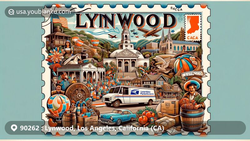 Modern illustration of Lynwood, CA 90262, displaying postal theme with Spanish aristocrats, pioneers around Rancho San Antonio, community events, vintage stamp frame, Lynwood postal mark, mailbox, postal van, and airmail envelopes.