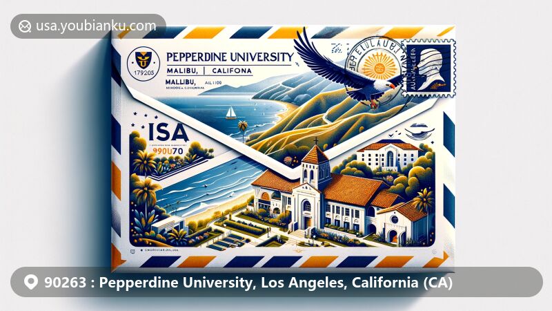 Modern illustration of Pepperdine University in Malibu, California, representing communication and connectivity through a contemporary designed airmail envelope. The front of the envelope creatively showcases the picturesque Malibu campus with views of the Pacific Ocean and Santa Monica Mountains. Iconic landmarks of the campus, such as the Frederick R. Weisman Art Museum focusing on California art and hosting famous exhibitions, and the unique Stauffer Chapel, are seamlessly integrated into the envelope design, reflecting the academic excellence and architectural beauty of the university. The back features a custom stamp displaying the Pepperdine University logo, adding an official touch to the airmail theme. Surrounding elements depict the close ties between the university and Los Angeles, vibrant student life, and the founder's emphasis on Christ-centered education commitment. The overall style is modern and web-friendly, creatively and clearly showcasing the unique aspects of Pepperdine University and its location.