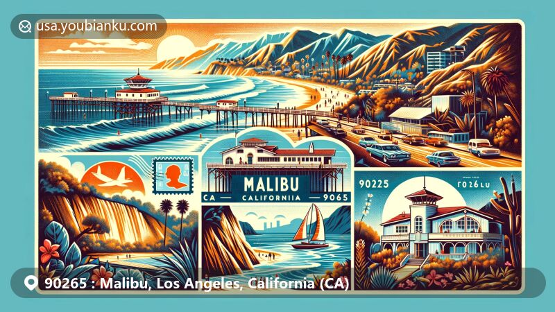 Captivating illustration of Malibu, Los Angeles County, California, with ZIP code 90265, featuring iconic landmarks like Malibu Pier, El Matador Beach rock formations, Solstice Canyon hiking trails, and The Getty Villa's ancient artifacts.