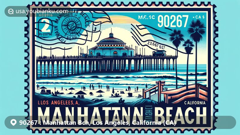 Modern illustration of Manhattan Beach Pier, California, featuring beach environment and postage theme with ZIP code 90267, showcasing scenic views and city landmarks.