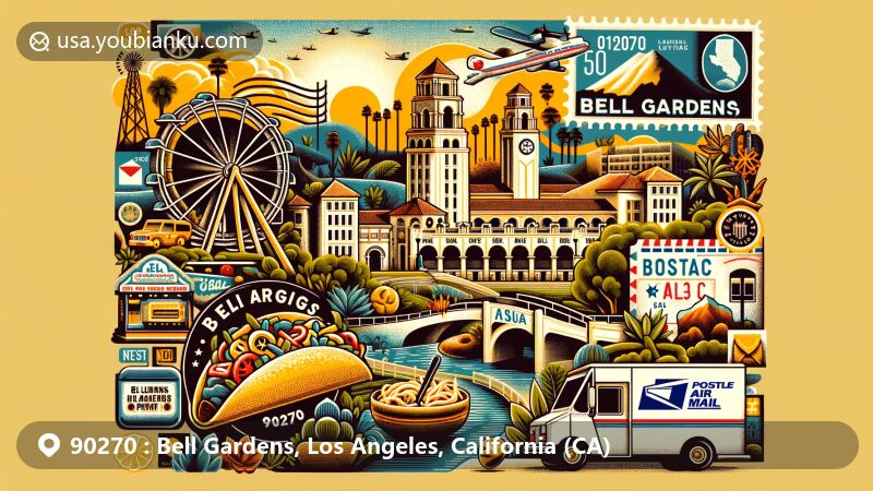 Modern illustration of Bell Gardens, California, incorporating iconic landmarks like Bicycle Hotel and Casino, cultural sites, and postal elements with ZIP code 90270, reflecting rich heritage and vibrant cuisine.