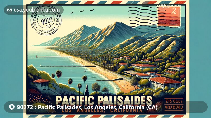 Modern illustration of Pacific Palisades, Los Angeles, California, capturing unique features with iconic landmarks like Getty Villa and Self-Realization Fellowship Lake Shrine.