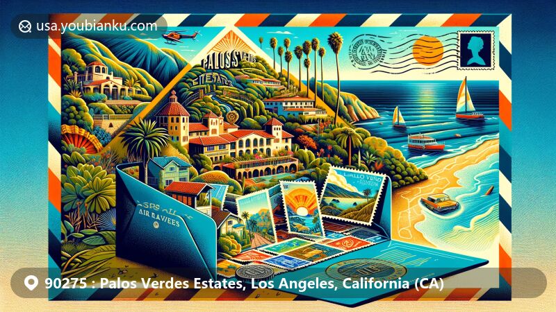 Modern illustration of Palos Verdes Estates and Rancho Palos Verdes, showcasing postal theme with ZIP code 90275, featuring Terranea Resort, Palos Verdes Peninsula's cliffs, La Venta Inn, and oceanfront lifestyle symbols.
