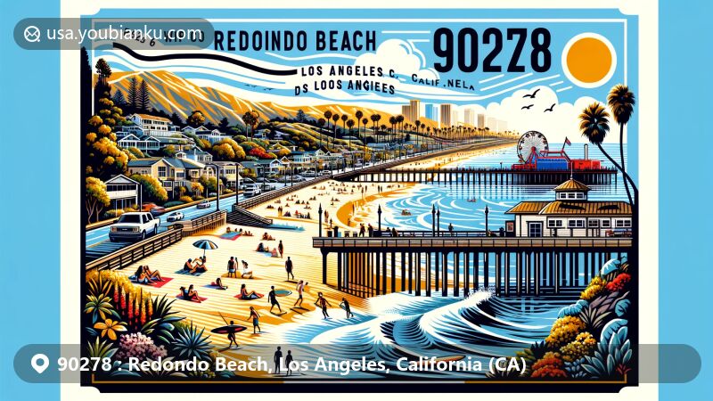 Modern illustration of Redondo Beach, Los Angeles, California, featuring the iconic Redondo Beach Pier, Hopkins Wilderness Park, and vibrant beach scene with surfing and volleyball. Palos Verdes hills silhouette in the background, highlighting ZIP code 90278 and postal theme.
