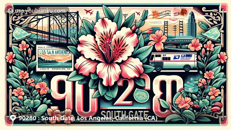 Modern illustration of South Gate, Los Angeles County, California, featuring Azalea flower representing 'Azalea City,' Los Angeles River, and postal-themed elements like postcard, stamps, and postmark with ZIP code 90280.