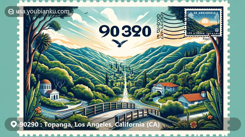 Modern illustration of Topanga, Los Angeles, California, capturing the essence of the area with Santa Monica Mountains, Topanga State Park, artistic history of the 1960s, chaparral, California oak woodlands, and nods to cultural icons.