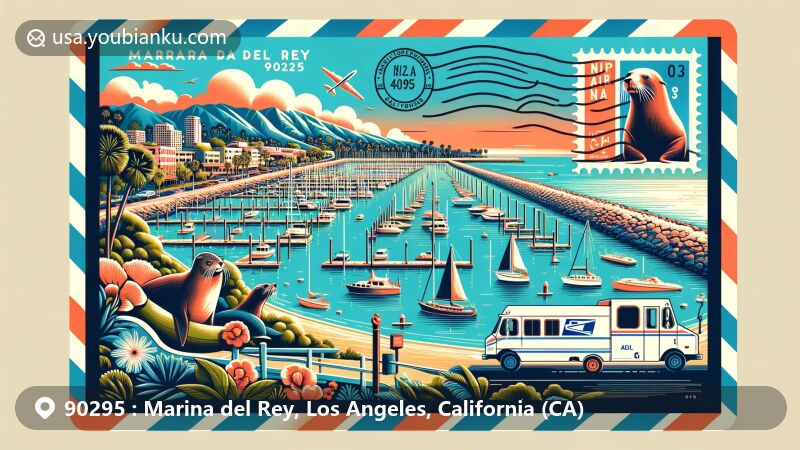 Modern illustration of Marina del Rey, California, in Los Angeles County, highlighting the iconic small-craft harbor, California sea lions, and coastal community vibe, creatively represented as an airmail envelope with ZIP Code 90295 and postal elements.