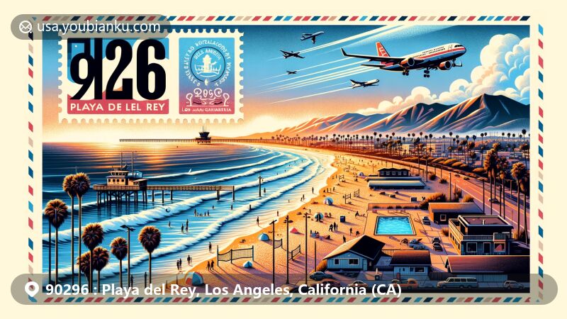 Contemporary illustration of Playa del Rey, Los Angeles, California, showcasing coastal beauty, surfing history, and LAX influence, featuring wide beaches, Del Rey Lagoon Park, and sunset ambiance, with postal theme highlighting ZIP code 90296.