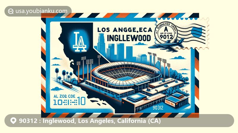 Modern illustration of Inglewood, California, featuring ZIP code 90312 and SoFi Stadium, blending cultural landmarks with postal theme and state symbols in Los Angeles County.