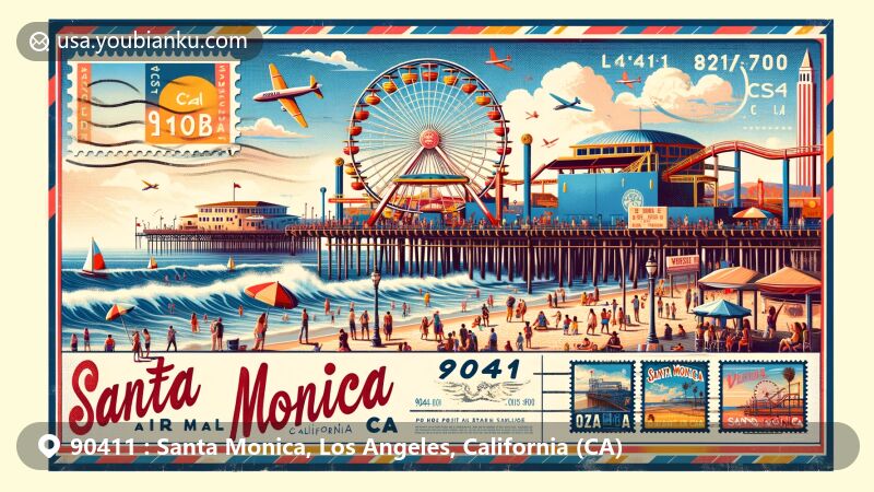Modern illustration of Santa Monica Pier, showcasing solar-powered Ferris wheel, carnival games, street performers, and Venice Beach's bohemian spirit, framed in vintage air mail envelope with ZIP code 90411.