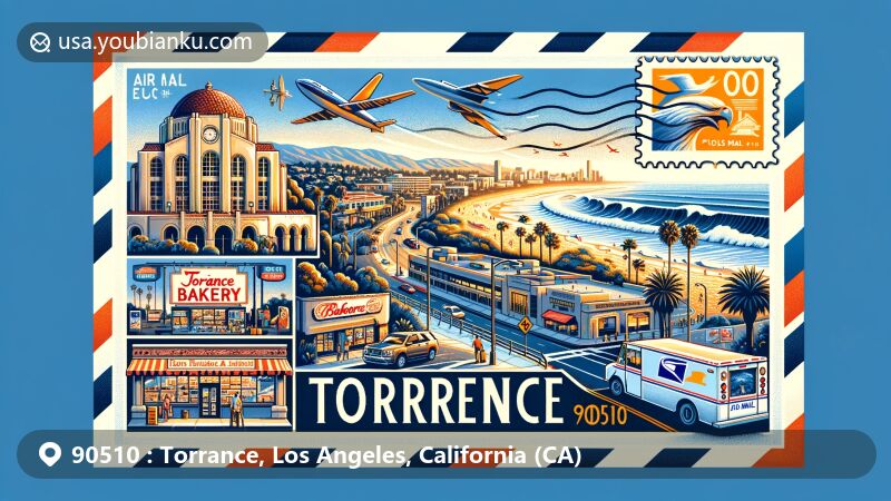 Creative illustration of Torrance, California, resembling an air mail envelope with iconic Torrance Beach, Palos Verdes Peninsula, historic Torrance High School, Torrance Bakery, and postal elements.
