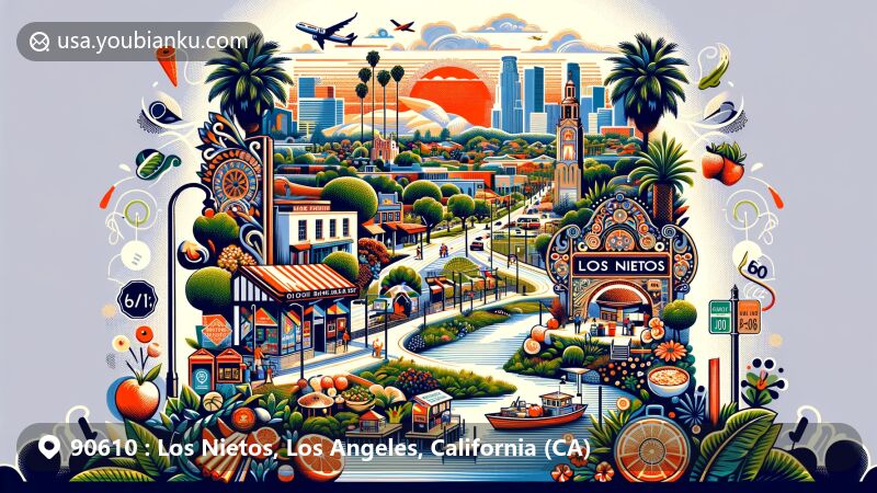 Modern illustration of Los Nietos, West Whittier-Los Nietos, California, showcasing postal theme with ZIP code 90610, featuring San Gabriel River, Palm Park, historical architecture, culinary diversity, and community spirit.