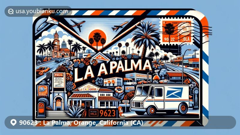 Modern illustration of La Palma, Orange County, California, depicting ZIP code 90623 in a creative air mail envelope, featuring local landmarks, cultural symbols, and postal motifs.