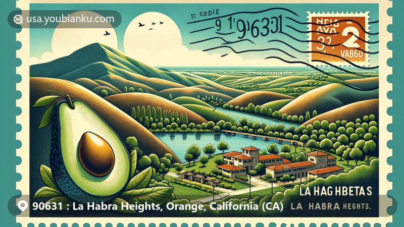 Modern illustration of La Habra Heights and La Habra in Orange County, California, combining geography, culture, and postal themes, showcasing suburban canyon community, Hacienda Park, Hass avocado, and vintage postal elements.