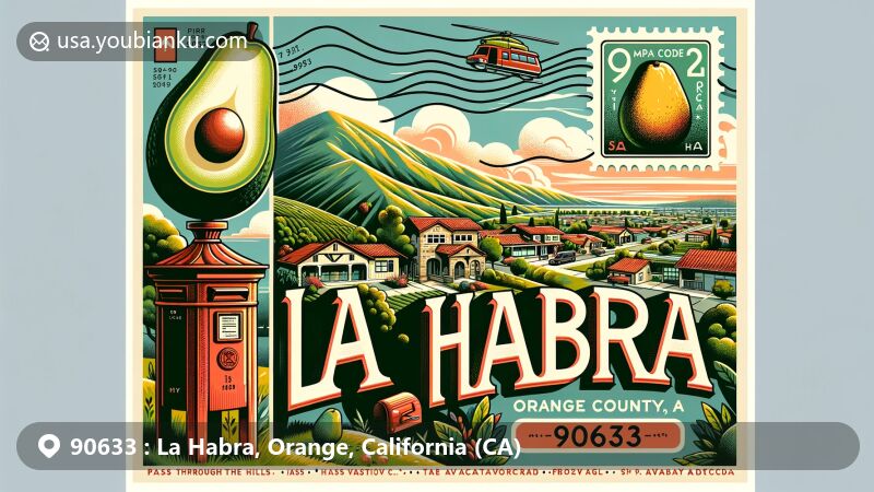 Colorful illustration of La Habra, Orange County, California, inspired by vintage postcard design, highlighting 'Pass Through the Hills' and Avocado Festival, featuring iconic 'Hass' avocado stamp and ZIP code 90633.