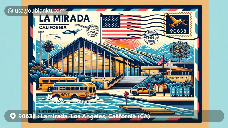 Modern illustration of La Mirada area in California, highlighting postal theme with ZIP code 90638, featuring Regional Aquatics Center, Theatre for the Performing Arts, and California state flag.