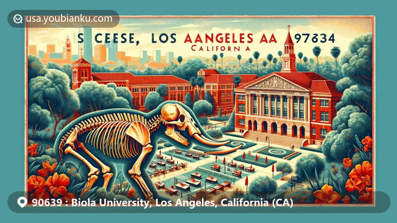 Modern illustration of Biola University in Los Angeles, California, capturing the serene and academic atmosphere with red brick buildings, tree-lined walkways, and symbols of academic excellence and Christian heritage, including a mammoth skeleton and California state flag.
