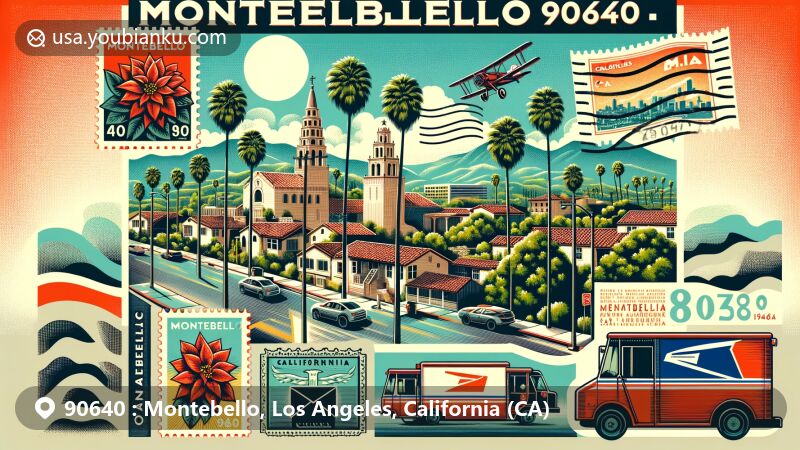 Modern illustration of Montebello, Los Angeles County, California, showcasing postal theme with ZIP code 90640, featuring palm tree-lined streets, historical landmarks, vintage airmail elements, and iconic California imagery like the red poinsettia.