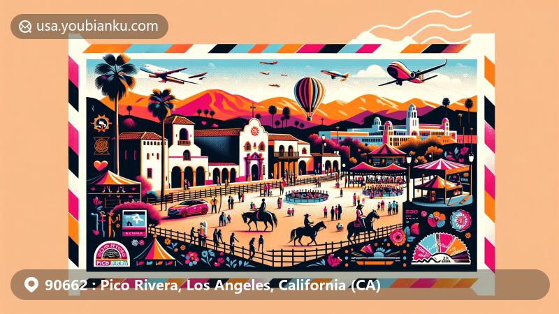 Modern illustration of Pico Rivera, California, capturing Pio Pico State Historic Park and community activities, set in a vibrant postcard design within a postal theme showcasing ZIP code 90662.