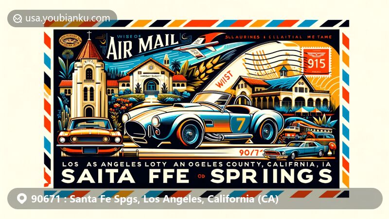 Modern illustration of Santa Fe Springs, Los Angeles County, California, with ZIP code 90671, featuring Hathaway Ranch Museum, Clarke Estate, Santa Fe Springs Swap Meet, Shelby Cobra, Heritage Park, and other cultural elements.