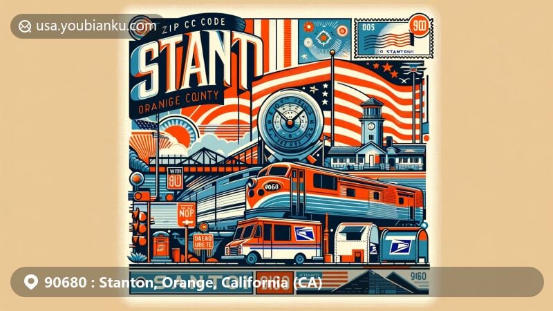 Modern illustration of Stanton, Orange County, California, featuring the city's flag and postal theme with ZIP code 90680, incorporating references to Cypress, Anaheim, and Garden Grove, set on a vintage air mail envelope with iconic postal elements and historical nods to Pacific Electric Railway.