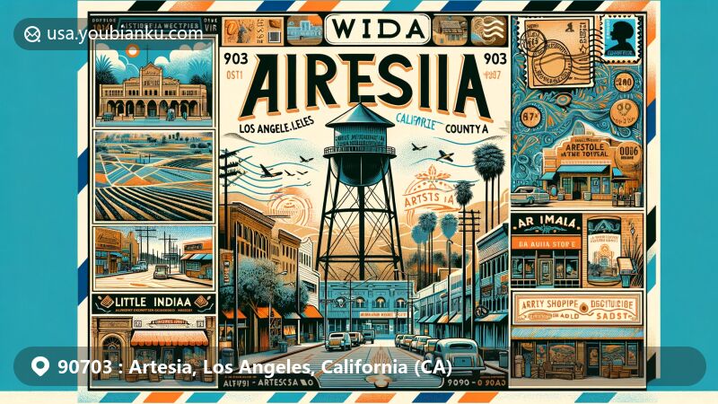 Modern illustration of Artesia, Los Angeles County, California, capturing ZIP code 90703, featuring iconic water tower, vintage postcard, and Indian cultural influence.