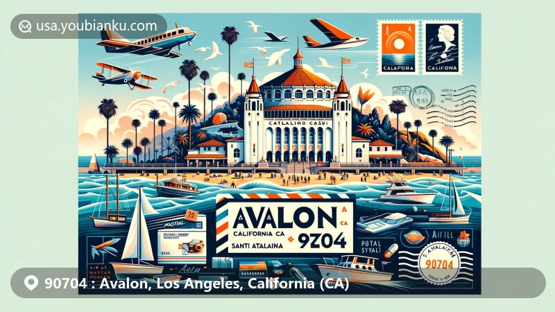 Modern illustration of Avalon, Los Angeles County, California, highlighted by Catalina Casino and ZIP code 90704, featuring palm trees, ocean views, and tourism elements.