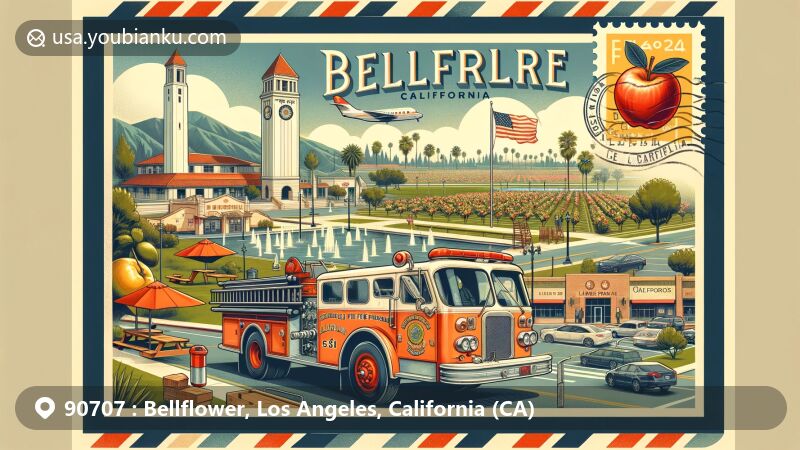 Modern illustration of Bellflower, Los Angeles County, California, featuring the Los Angeles County Fire Museum, Simms Park, and Lakewood Plaza, with postal theme showcasing ZIP code 90707 and California state symbols.