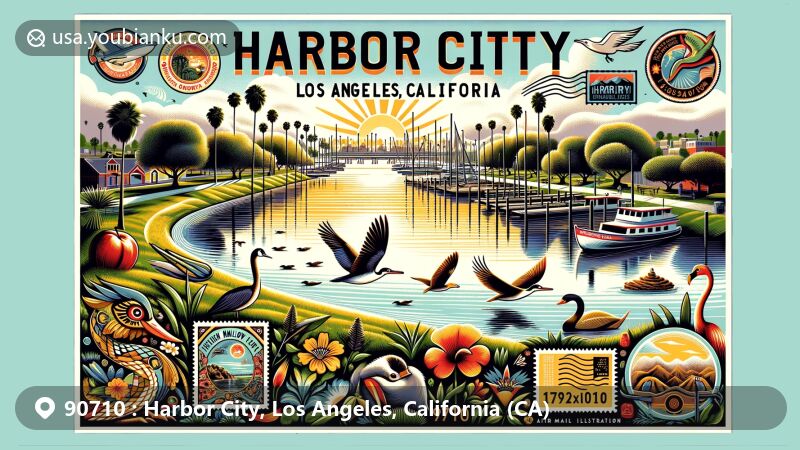 Vibrant illustration of Ken Malloy Harbor Regional Park in Harbor City, Los Angeles, California, with lush greenery, migratory birds, and serene Machado Lake. Cultural symbols from Mexican and Korean heritage merge in a modern postal theme with ZIP code 90710.