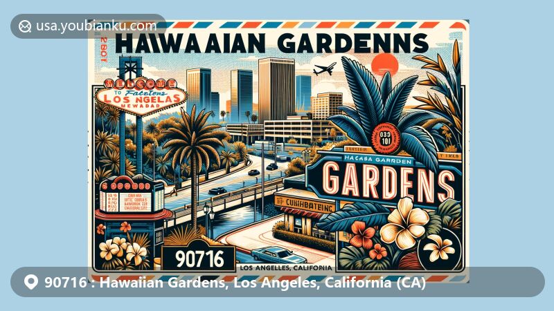 Modern illustration of Hawaiian Gardens, Los Angeles County, California, capturing the essence of the city with palm fronds, bamboo, and the Gardens Casino, highlighting its origins and significance. Integrated with postcard elements and ZIP code 90716.