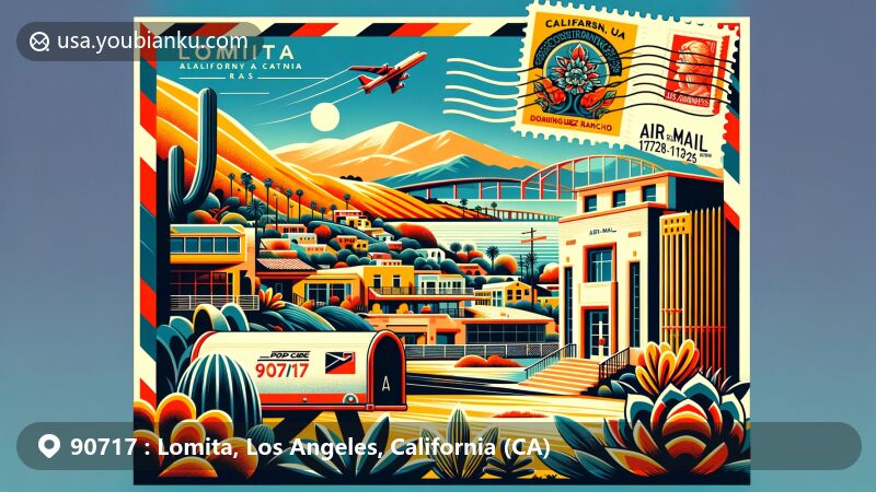 Modern illustration of Lomita, California, showcasing its hilly landscape and Mid-Century Modern architecture, integrated with postal motifs and symbols of California and Los Angeles County.
