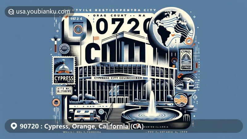 Modern illustration of City Council Chamber in Cypress, Orange County, California, designed by William L. Pereira, featuring historical elements like wells and dairy farms to honor Cypress's origins as 'Waterville' and 'Dairy City', with a contemporary airmail envelope and ZIP code 90720 highlighted by official city seal and stamp, blending in Southern California's geography and abstract representation of the Santa Ana winds.