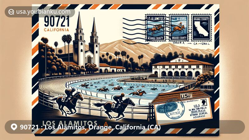 Modern illustration of Los Alamitos, California, highlighting the iconic Los Alamitos Race Course and St. Isidore Historical Plaza, with a vintage airmail envelope featuring postal elements and ZIP code 90721.