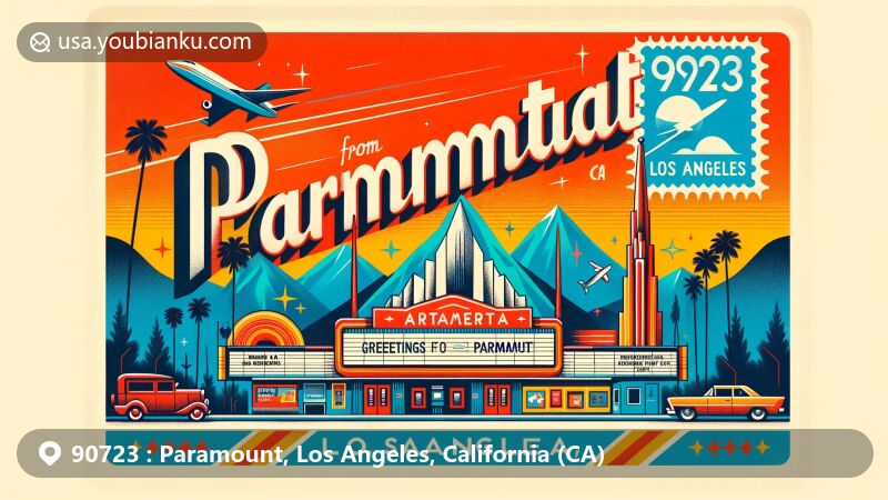 Modern illustration of Paramount, Los Angeles County, California, showcasing iconic Paramount Drive-In Theater, San Gabriel Mountains, aerospace industry references, and California palm trees.