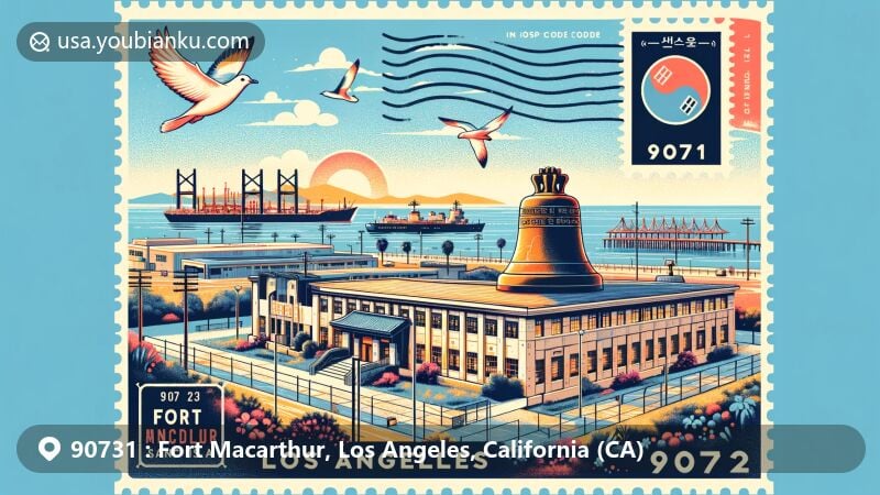 Modern illustration of Fort MacArthur in Los Angeles, California, capturing historical significance and current role as part of Los Angeles Air Force Base, featuring Korean Bell of Friendship, panoramic view of San Pedro, vintage stamp, postal marks, and ZIP code 90731.