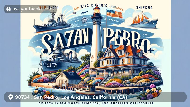 Modern illustration of San Pedro, Los Angeles, California, highlighting maritime and historic charm with Point Fermin Lighthouse, Battleship USS Iowa, and postal theme depicting ZIP code 90734.