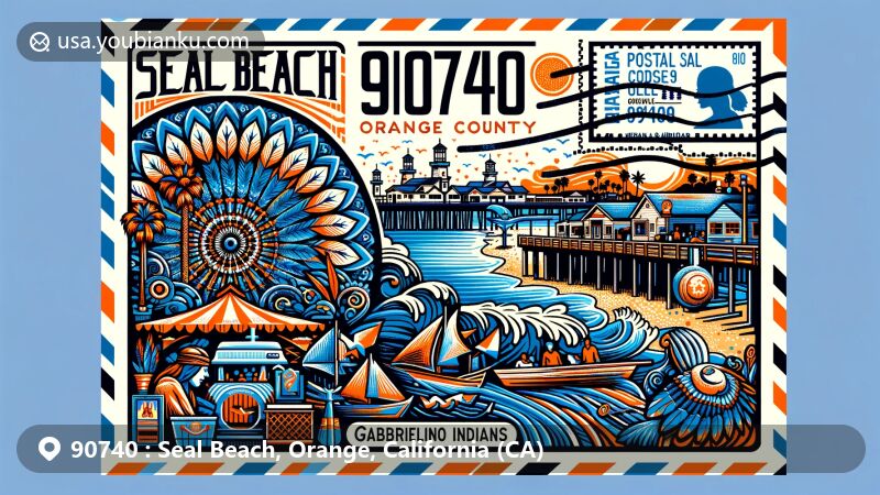 Modern illustration of Seal Beach, Orange County, California, showcasing coastal charm and rich history, featuring landmarks like Seal Beach Pier and Anaheim Landing, integrating elements of Gabrielino Indian culture, highlighting postal elements with ZIP code 90740.