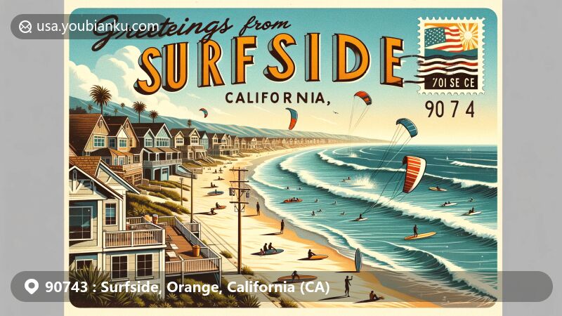 Modern illustration of Surfside, California, ZIP code 90743, showcasing beachfront homes in iconic A, B, and C rows along the Pacific Ocean coastline, featuring beach culture with surfing and kite surfing activities, set under a clear sunny sky with a vintage-style postage stamp of the California state flag.