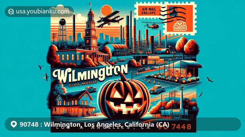 Modern illustration of Wilmington, Los Angeles, California, showcasing postal theme with ZIP code 90748, featuring Drum Barracks Civil War Museum, 'THE DON' neon sign, Phillips 66 refinery's giant jack-o'-lantern, Banning Museum, and Wilmington Oil Field elements.
