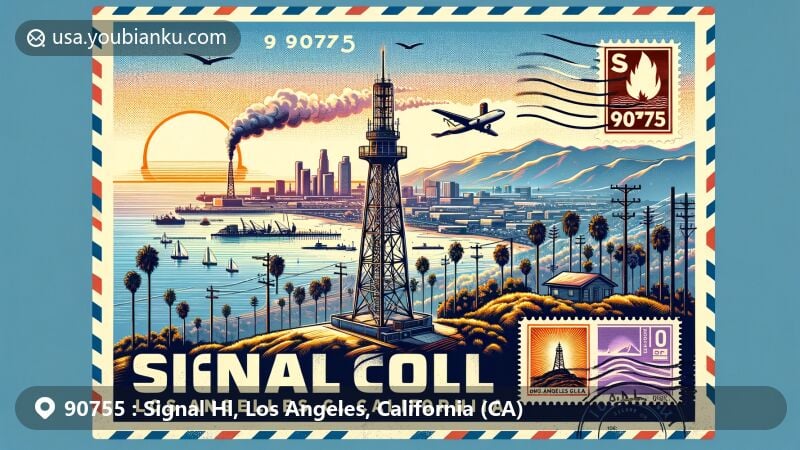 Modern illustration of Signal Hill, Los Angeles County, California, highlighting Hilltop Park with panoramic views of Long Beach Harbor, Los Angeles, and Catalina Island from the smoke signal monument. Features include an oil derrick silhouette, palm trees, sun setting, and postal theme with ZIP code 90755.