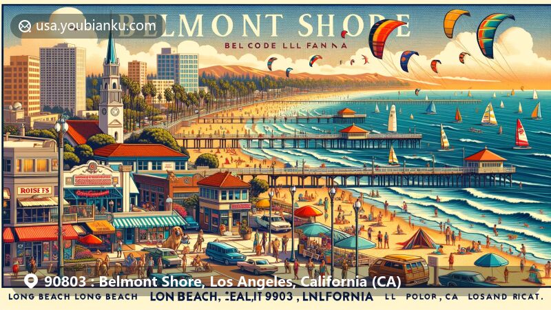 Modern illustration of Belmont Shore, Long Beach, California, showcasing vibrant community spirit and picturesque waterfront, featuring Belmont Pier, Rosie's Dog Beach, kitesurfing scenes, and bustling Second Street with boutiques, restaurants, and cafes.