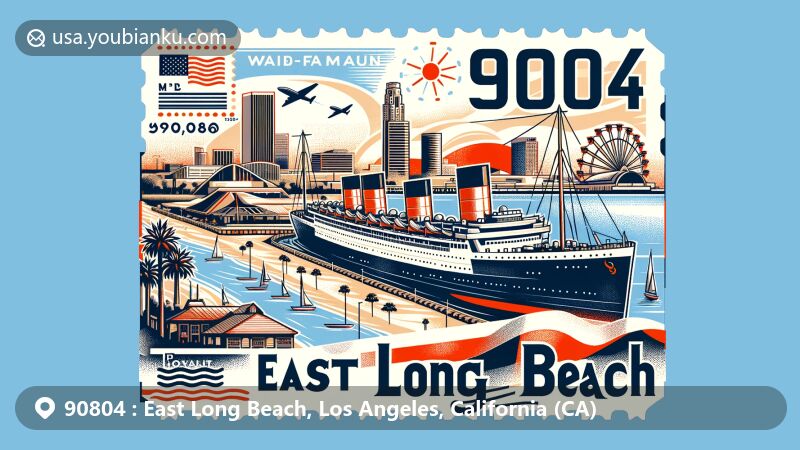 Modern illustration of East Long Beach, Los Angeles, California, showcasing iconic landmarks like RMS Queen Mary, Aquarium of the Pacific, and Long Beach skyline with Lions Lighthouse, against a vintage-style air mail theme with ZIP code 90804 and California state flag.