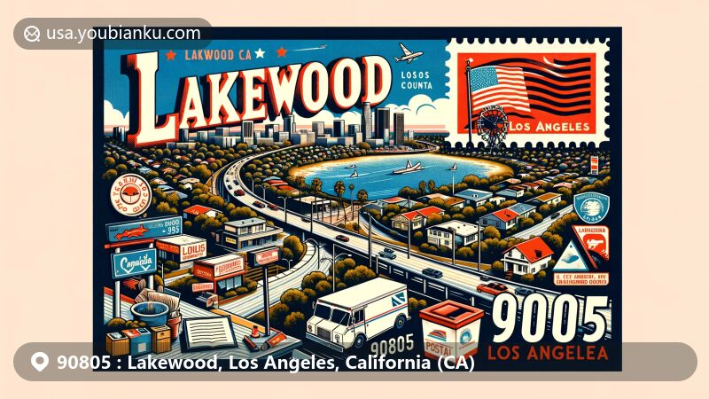 Modern illustration of Lakewood and Los Angeles, California, with ZIP code 90805, featuring postcard theme, aerial view, notable boulevards, San Gabriel River Freeway, California state flag, Los Angeles County representation, vintage postage stamp, postal truck, and mailbox.