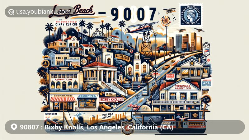 Modern illustration of Bixby Knolls, Long Beach, California, showcasing postal theme with ZIP code 90807, featuring Virginia Country Club, Rancho Los Cerritos, and historic landmarks.