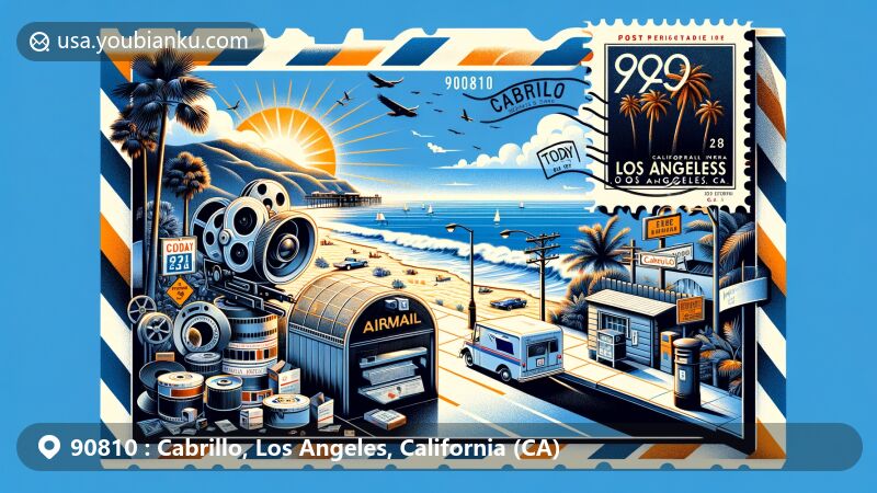 Modern illustration of Cabrillo Beach and iconic Los Angeles elements on a wide-format airmail envelope, featuring film rolls, a camera, and palm trees against California's sunny sky.