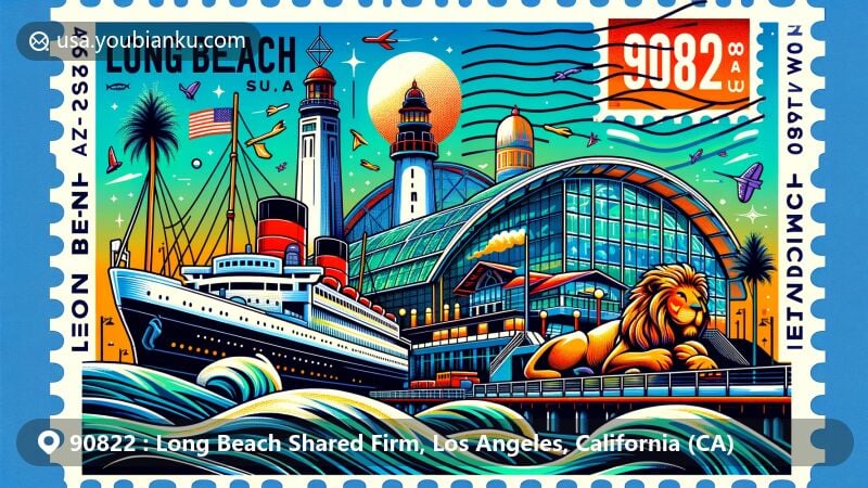 Modern illustration of Long Beach, California, showcasing iconic landmarks like Aquarium of the Pacific, RMS Queen Mary, and Lions Lighthouse, emphasizing the city's title as the 'Aquatic Capital of America' with postal elements and ZIP code 90822.